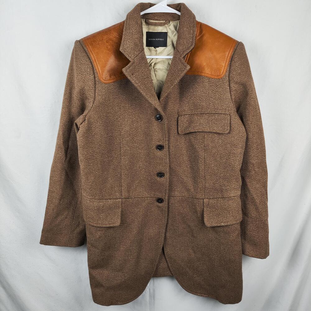 Banana Republic Blazer Mens Medium Brown Herringbone Leather Shoulder Sport Coat